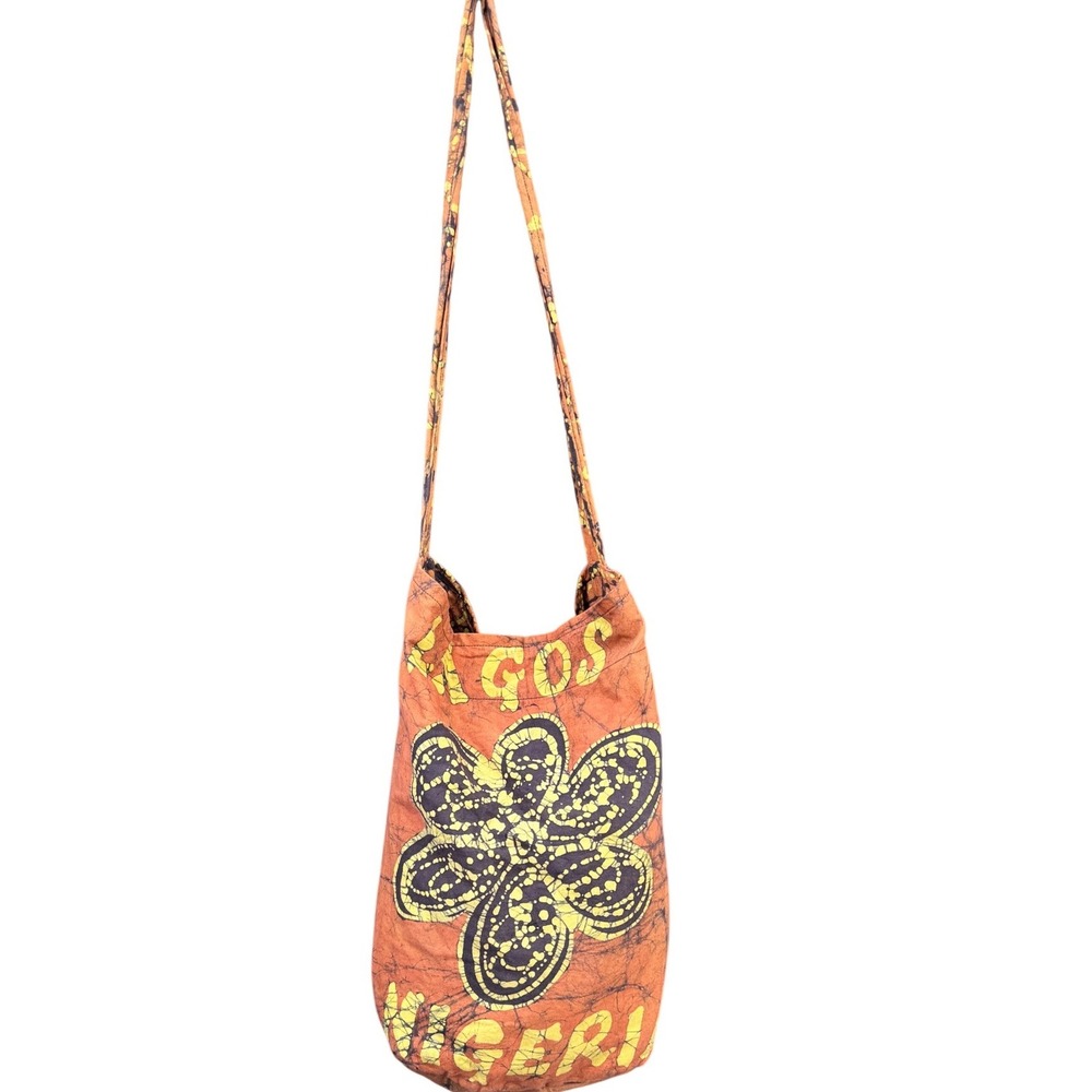 Lagos Nigeria Batik Cotton Shoulder Bag Floral Boho Hobo Tote Orange Yellow